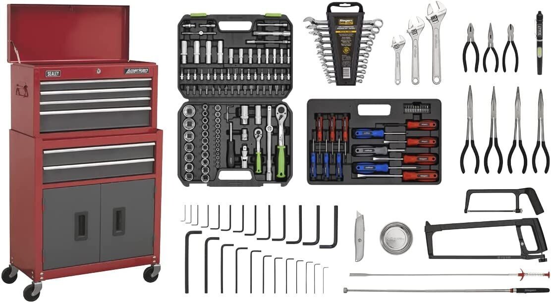Sealey American Pro Topchest & Rollcab Combination 6 Drawer with Ball-Bearing Slides - & 170pc Tool Kit (AP2200BBCOMBO red/grey)