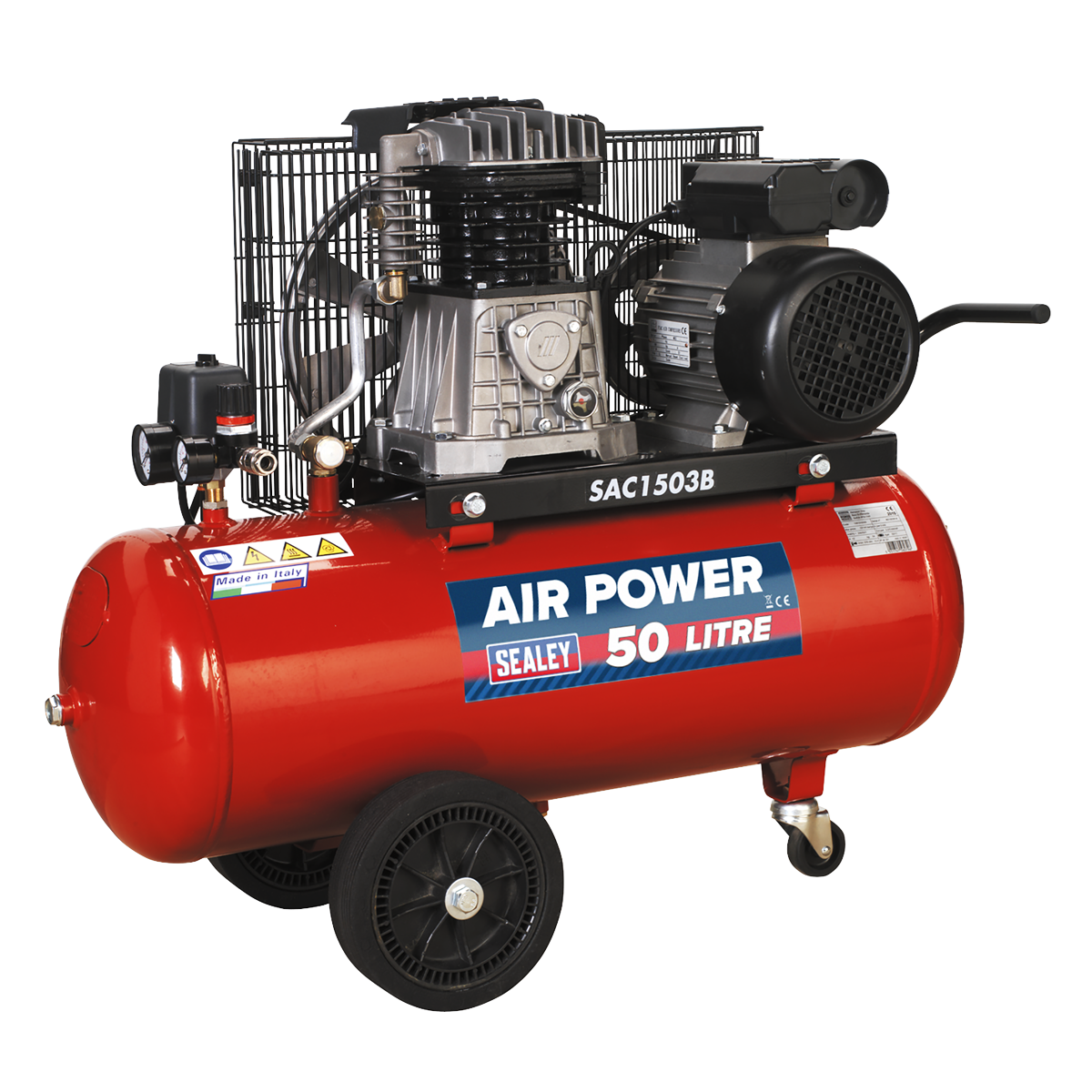 Sealey  SAC1503B Air Compressor 50L Belt Drive 3hp with Cast Cylinders & Wheels