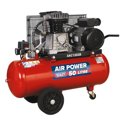 Sealey  SAC1503B Air Compressor 50L Belt Drive 3hp with Cast Cylinders & Wheels