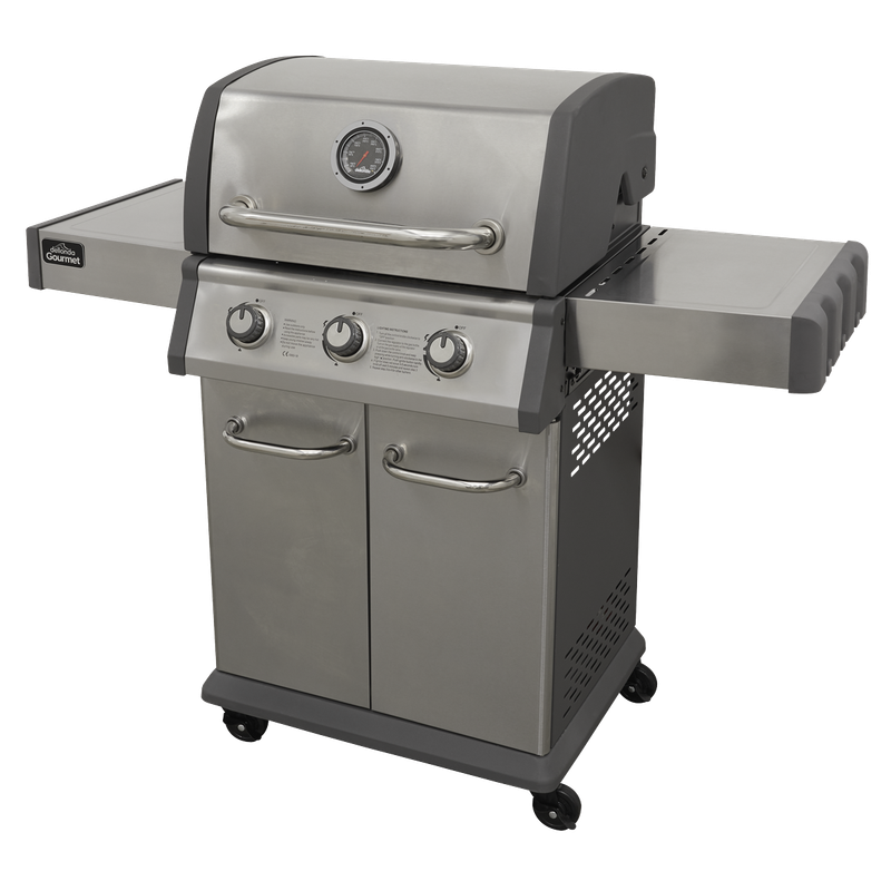 Dellonda  3 Burner Deluxe Gas BBQ Grill, Piezo Ignition, Stainless Steel, Wheels - DG16