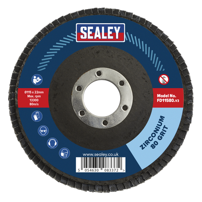 Sealey Flap Disc Zirconium Ø115mm Ø22mm Bore 80Grit FD11580 Sealey Flap Disc Zirconium Ø115mm Ø22mm Bore 80Grit FD11580