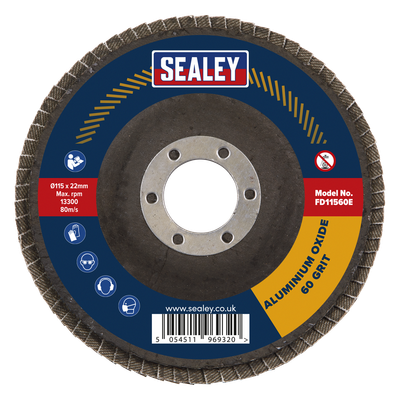 Sealey Flap Disc Aluminium Oxide Ø115mm Ø22mm Bore 60Grit FD11560E Sealey Flap Disc Aluminium Oxide Ø115mm Ø22mm Bore 60Grit FD11560E