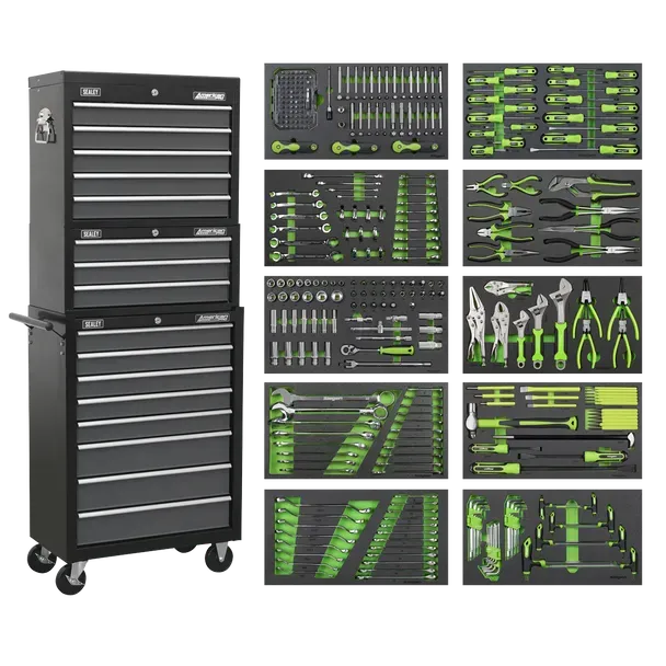 Sealey American  Pro Tool Chest Combination 16 Drawer with Ball-Bearing Slides - Black/Grey & 398pc Tool Kit (AP35TBCOMBO)