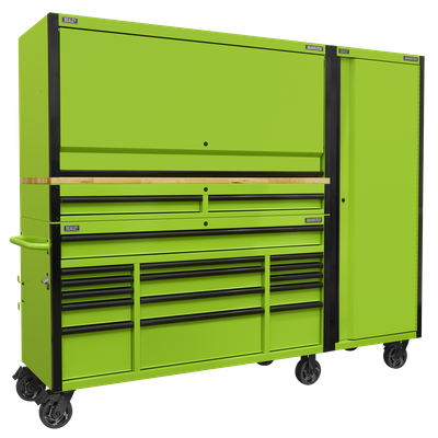 Sealey 15 Drawer 1549mm Mobile Trolley with Wooden Worktop, Hutch, 2 Drawer Riser & Side Locker AP6115BECOMBO2
