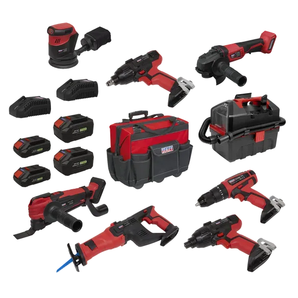 Sealey CP20VCOMBO4EU  8 x SV20 Series Cordless Power Tool Kit 20V Euro Plug - 4 Batteries