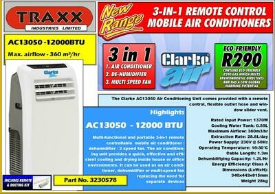 Clarke AC13050 Air Conditioner (Remote Control , Mobile, 3 in 1) Clarke AC13050 Air Conditioner (Remote Control , Mobile, 3 in 1)
