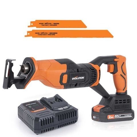 Evolution Cordless Reciprocating Saw 18V Li-Ion EXT & Multi-Material Blades - R150RCP-Li with 2Ah Battery & Charger 104-0001A Evolution Cordless Reciprocating Saw 18V Li-Ion EXT & Multi-Material Blades - R150RCP-Li with 2Ah Battery & Charger 104-0001A