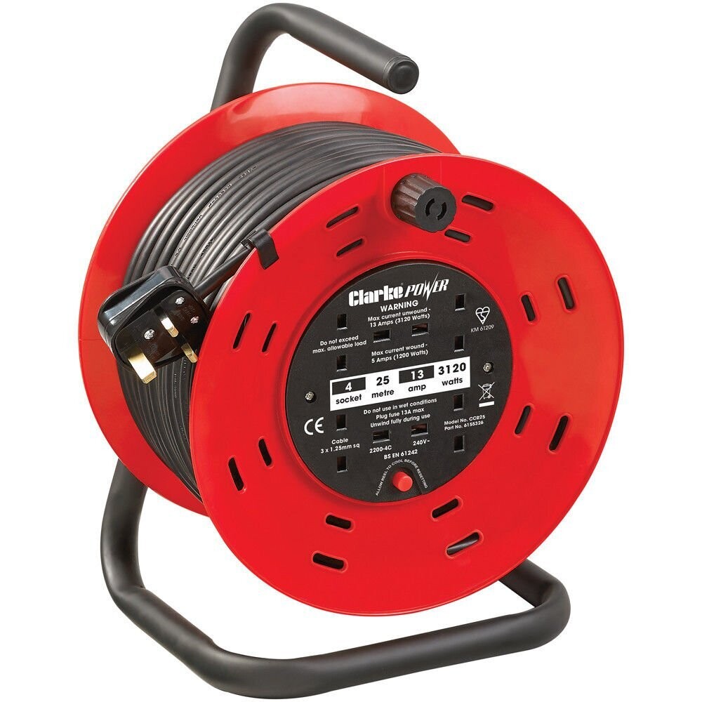 Clarke CCR25 4 Socket 25m Cable Reel With Thermal Cut Out (230V) Clarke CCR25 4 Socket 25m Cable Reel With Thermal Cut Out (230V)
