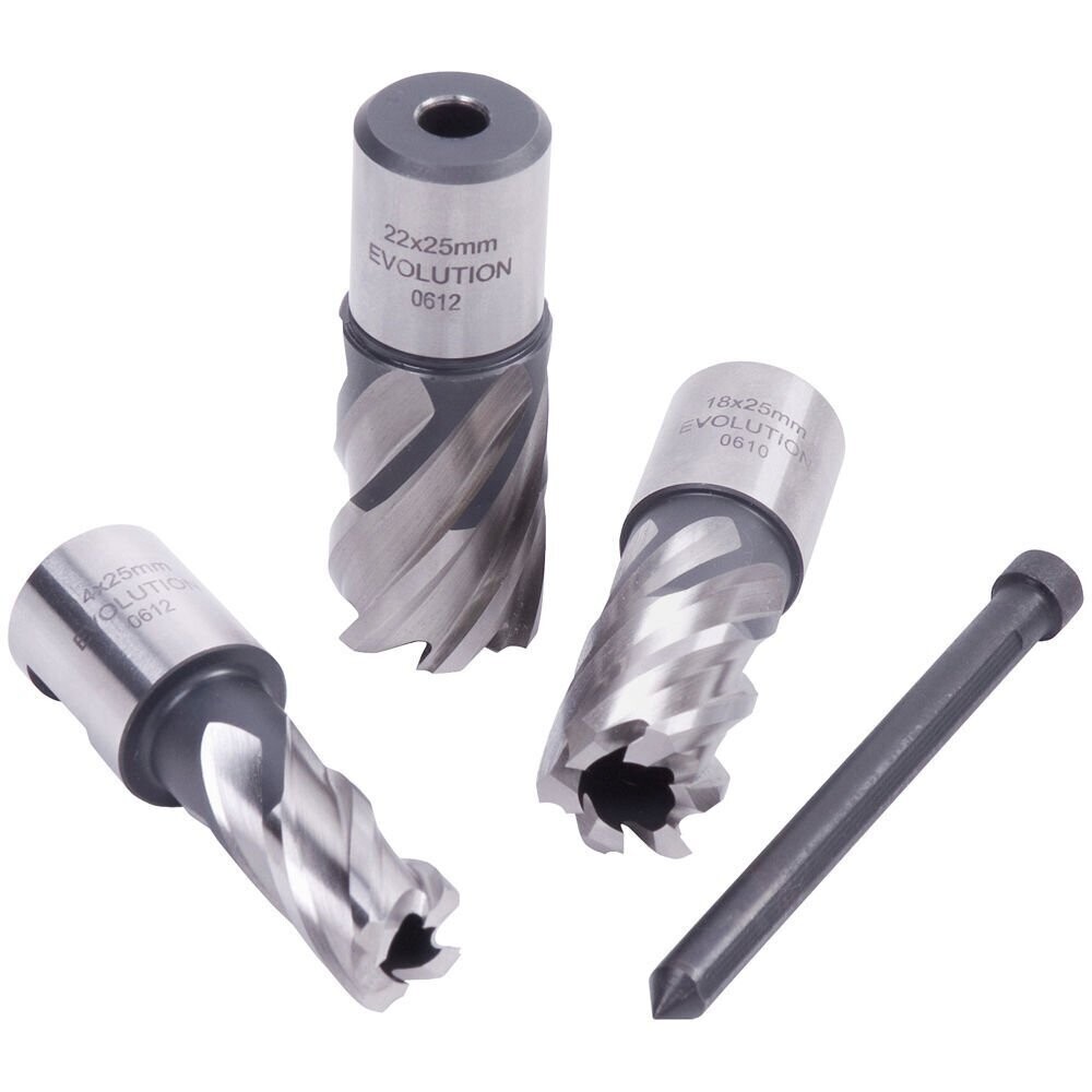 Evolution CUTTERKIT3S 3 Piece Magnetic Drill Broach Cutter Set ( 25 mm Short Series ). Suitable for Evolution S28MAG , EVOMAG42 & other quality Magnetic Drills. Evolution CUTTERKIT3S 3 Piece Magnetic Drill Broach Cutter Set ( 25 mm Short Series ). Suitable for Evolution S28MAG , EVOMAG42 & other quality Magnetic Drills.
