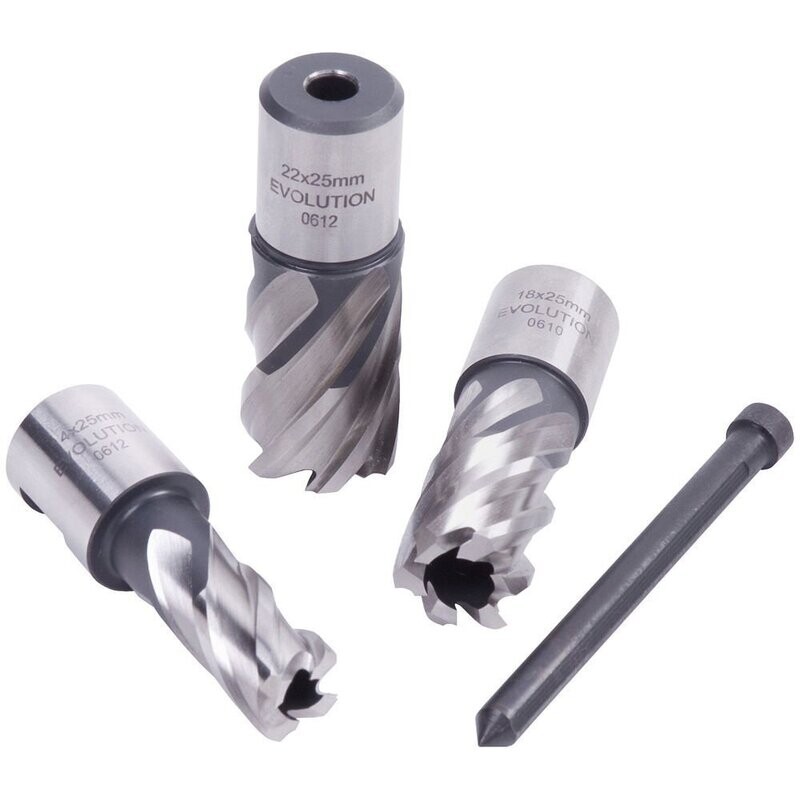 Evolution CUTTERKIT3S 3 Piece Magnetic Drill Broach Cutter Set ( 25 mm Short Series ). Suitable for Evolution S28MAG , EVOMAG42 & other quality Magnetic Drills. Evolution CUTTERKIT3S 3 Piece Magnetic Drill Broach Cutter Set ( 25 mm Short Series ). Suitable for Evolution S28MAG , EVOMAG42 & other quality Magnetic Drills.