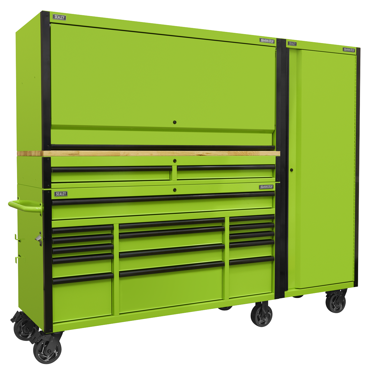 Sealey Superline PRO® Black Edition 15 Drawer 1549mm Mobile Trolley with Wooden Worktop, Hutch, 2 Drawer Riser & Side Locker AP6115BECOMBO2 Sealey Superline PRO® Black Edition 15 Drawer 1549mm Mobile Trolley with Wooden Worktop, Hutch, 2 Drawer Riser & Side Locker AP6115BECOMBO2