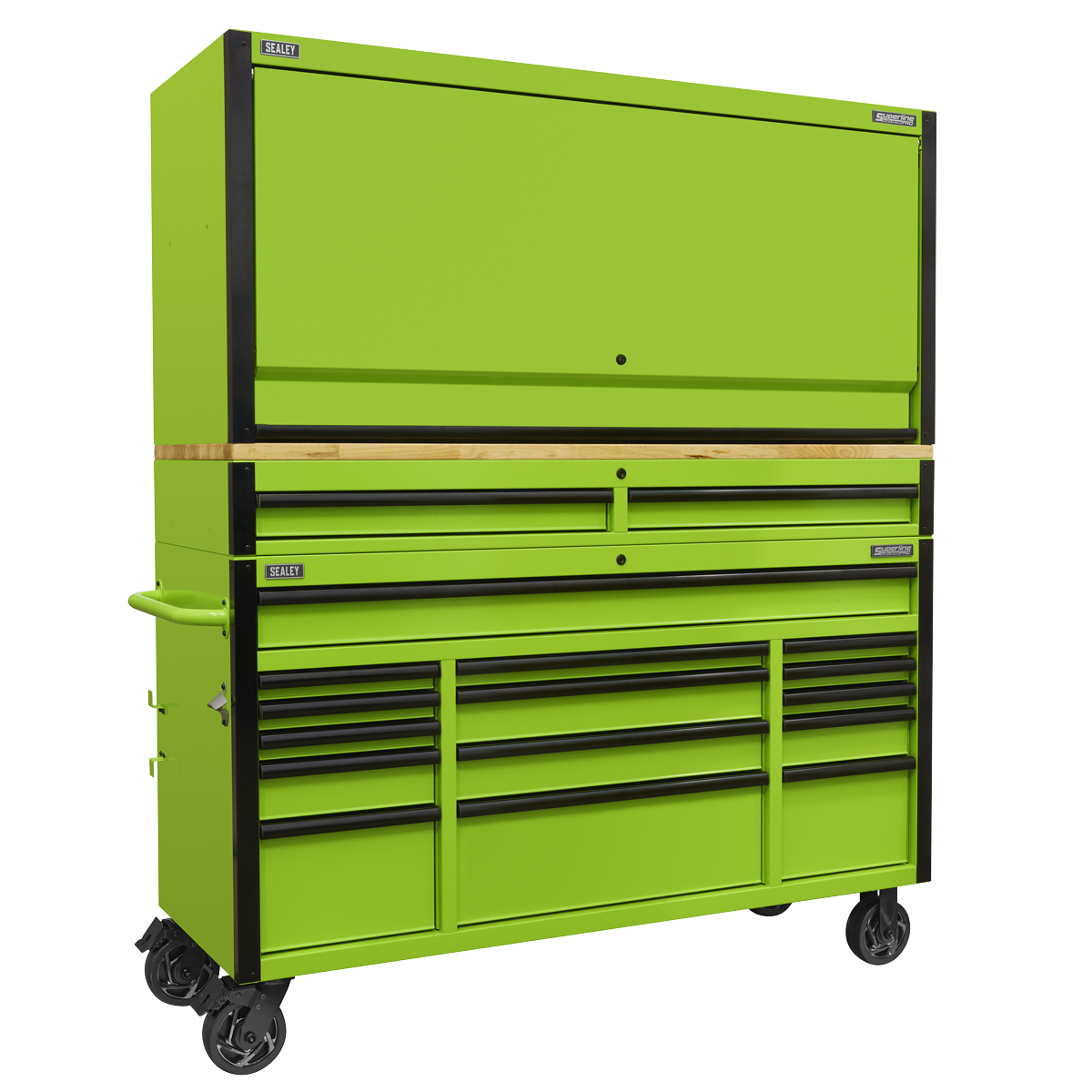 Sealey Superline PRO® Black Edition 15 Drawer 1549mm Mobile Trolley with Wooden Worktop and Hutch and 2 Drawer Riser AP6115BECOMBO1 Sealey Superline PRO® Black Edition 15 Drawer 1549mm Mobile Trolley with Wooden Worktop and Hutch and 2 Drawer Riser AP6115BECOMBO1