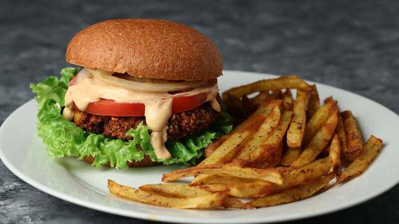 Pieworks legendary chicken burger with our secret sauce, garnish and a side order of chips