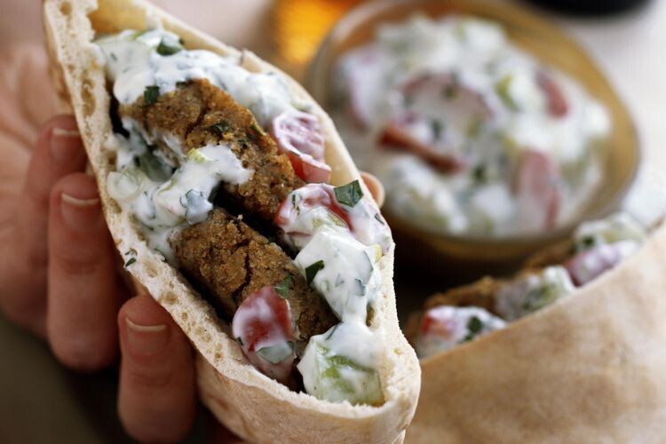 Felafel in pita with salad and tehini sauce