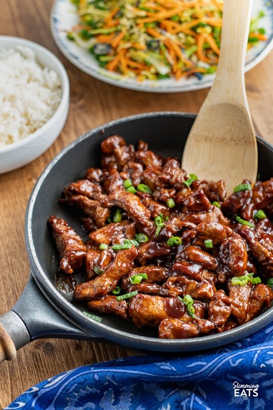 Beef strips in sticky BBQ with rice/spagetti