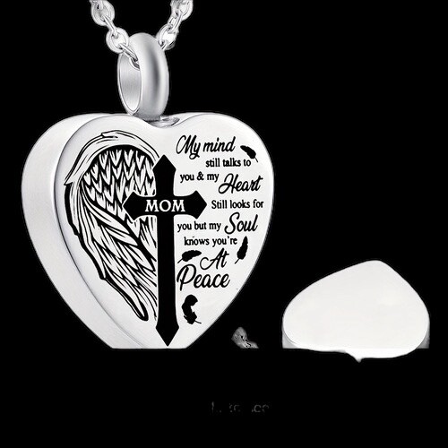 Mom Cremation Jewelry  Inscription: My mind still talks to you &amp; my Heart still looks for you but my Soul knows you’re At Peace