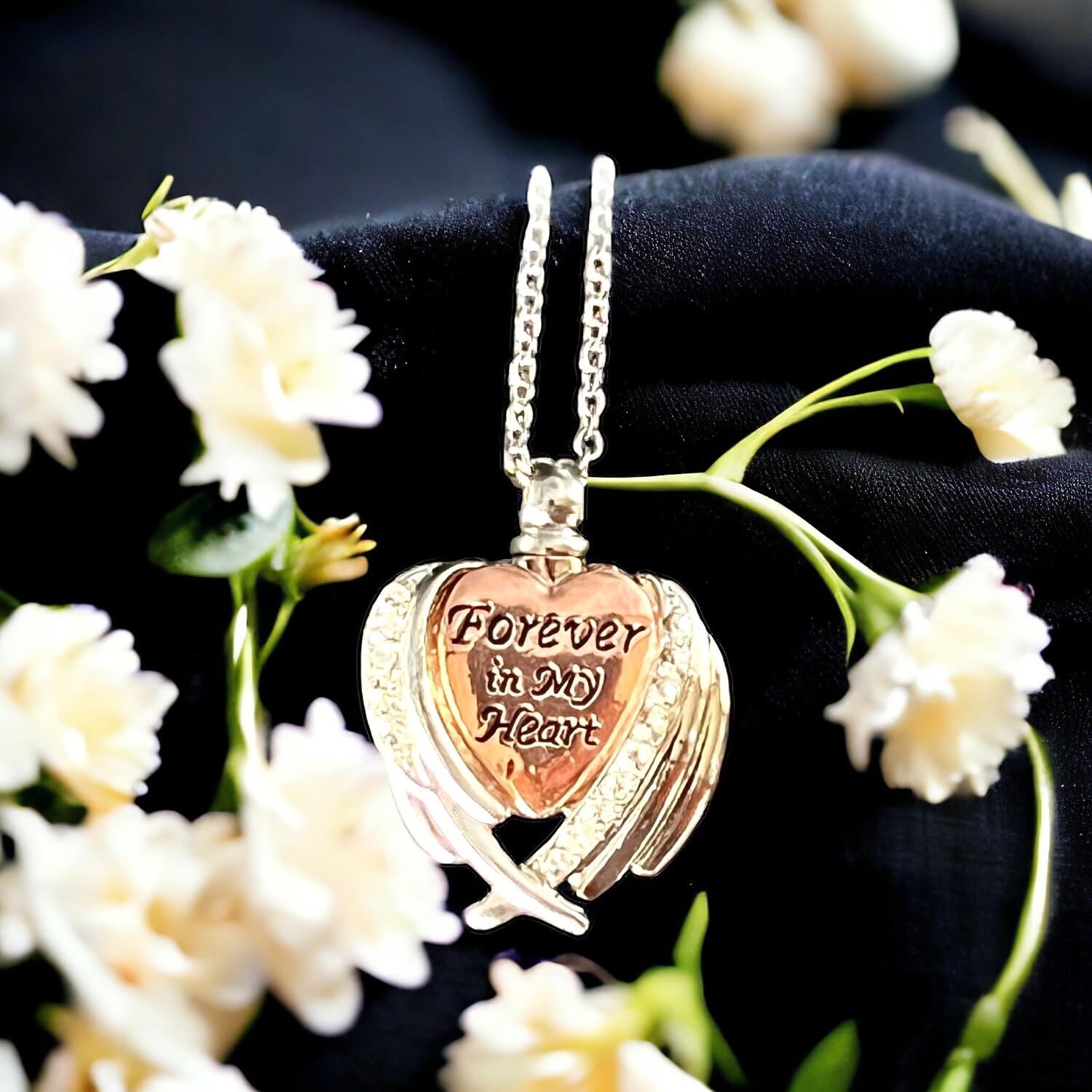 Rose gold Heart surrounded by Angel Wing with beautiful crystals.