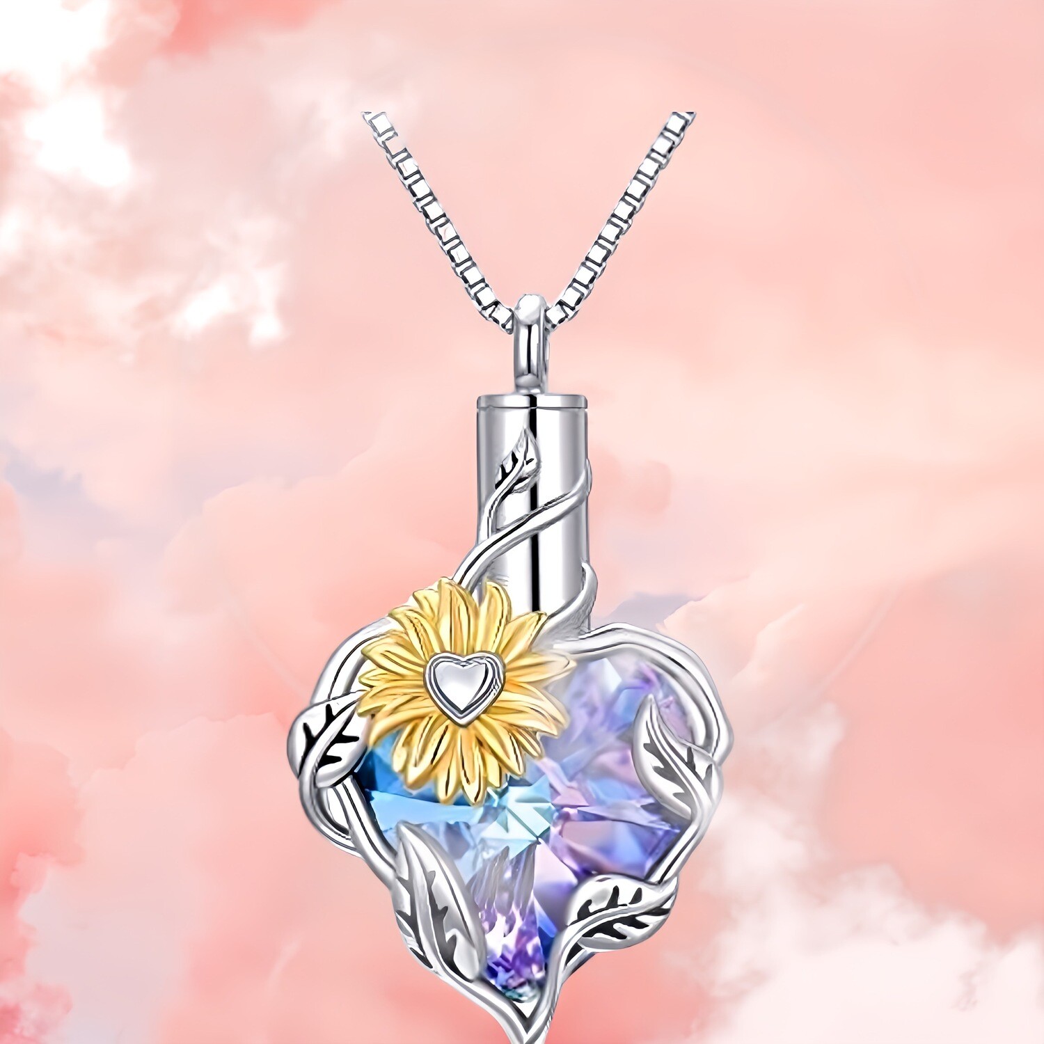 Sunflower on Blue Crystal Heart Memorial Jewelry.