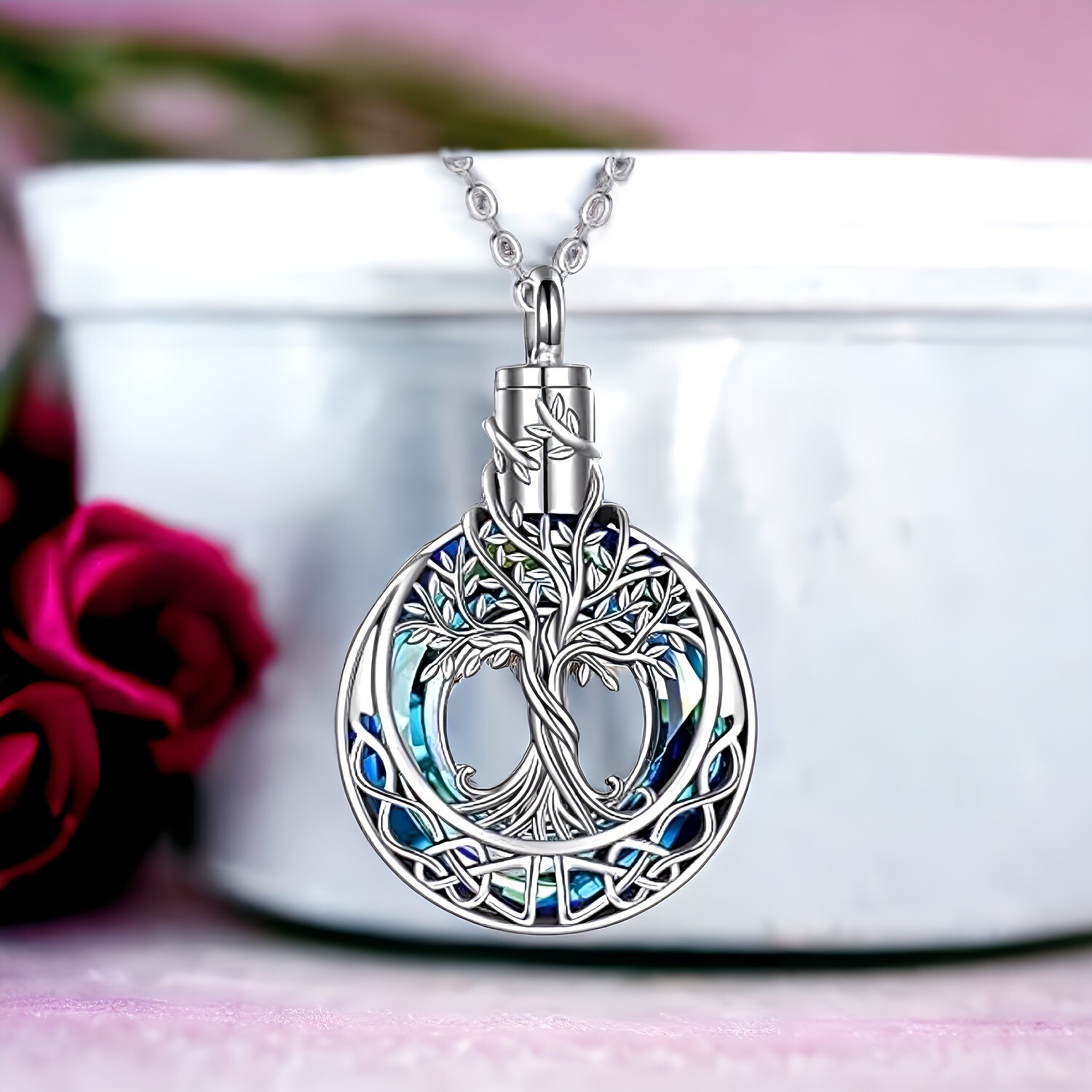 Blue Circle Tree of Life Memorial Jewelry