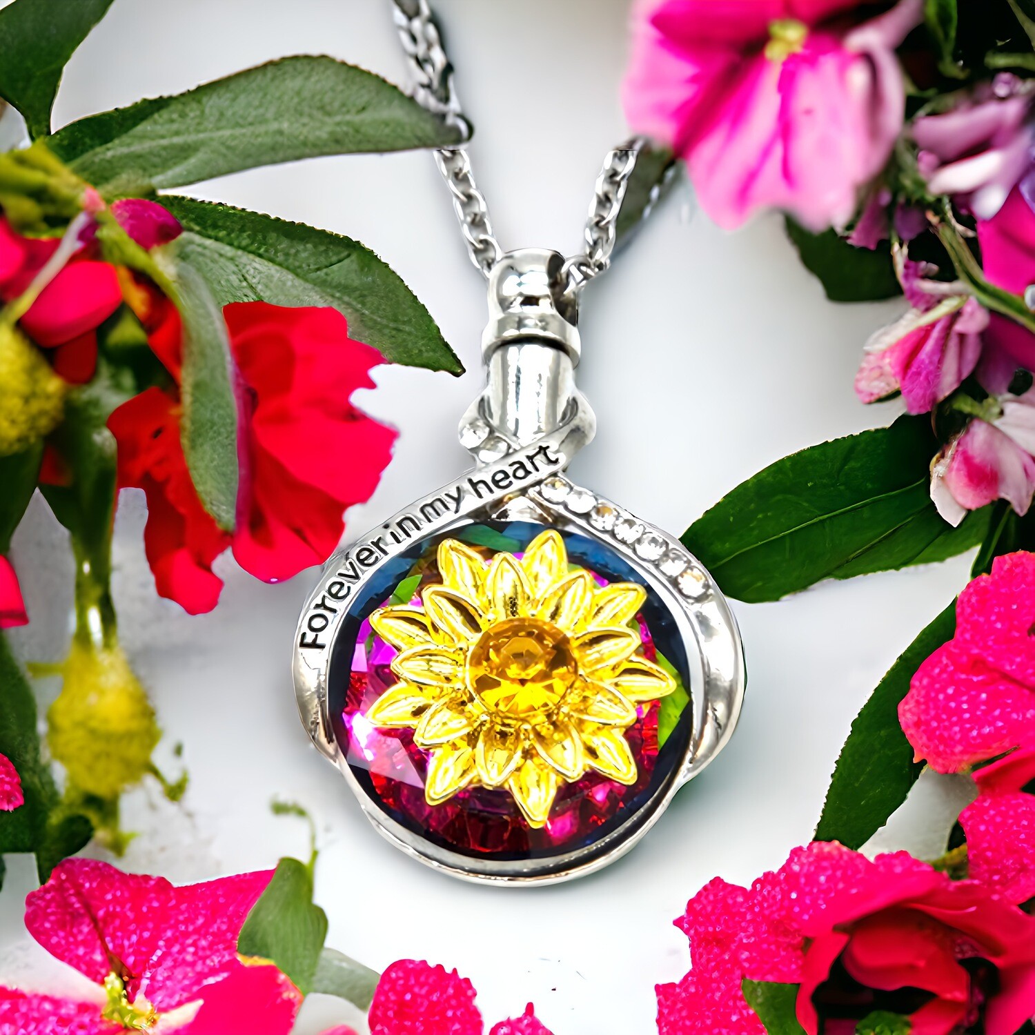 Flower Golden Daisy on Red Crystal Memorial Jewelry