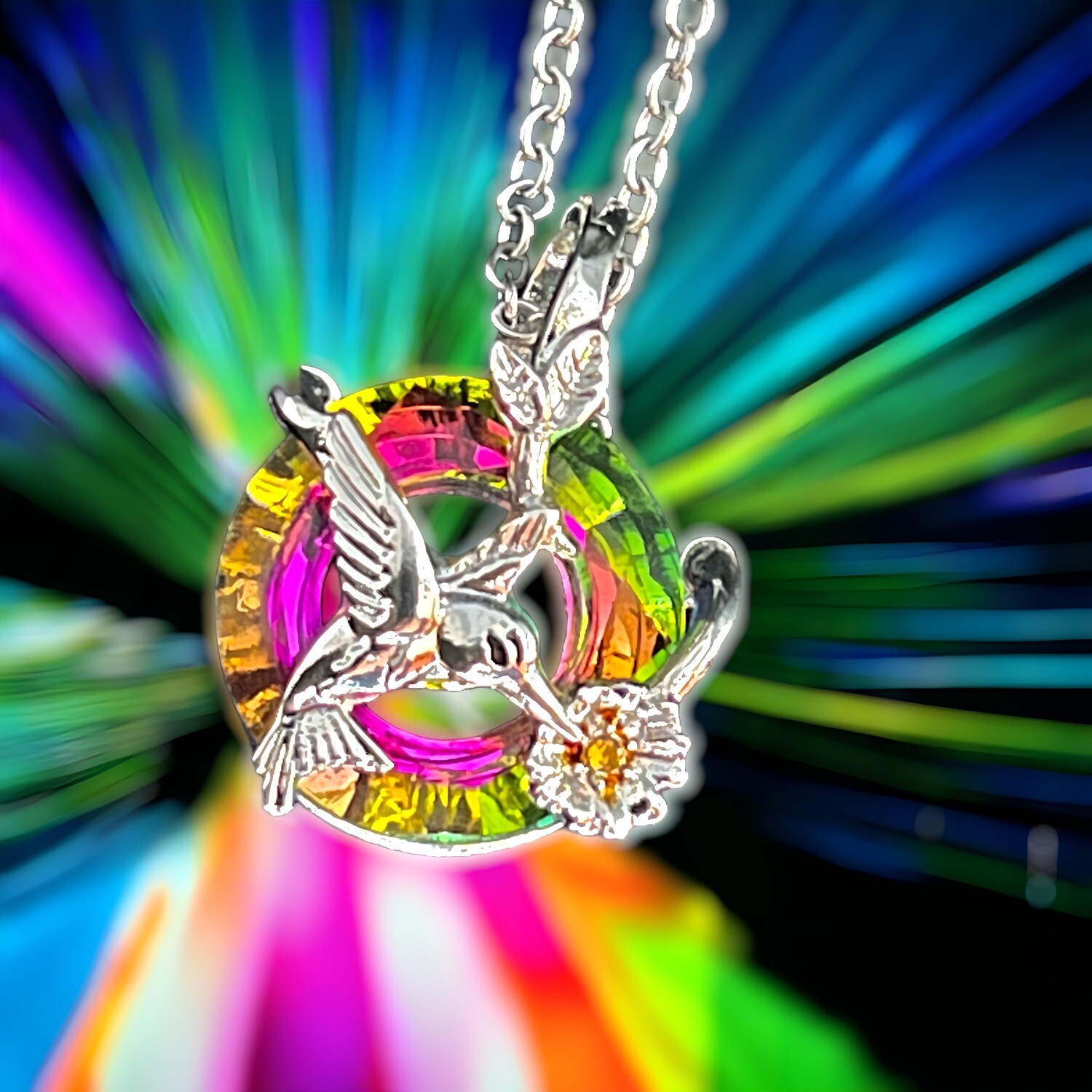 Hummingbird hover over Rain Topaz Memorial Jewelry