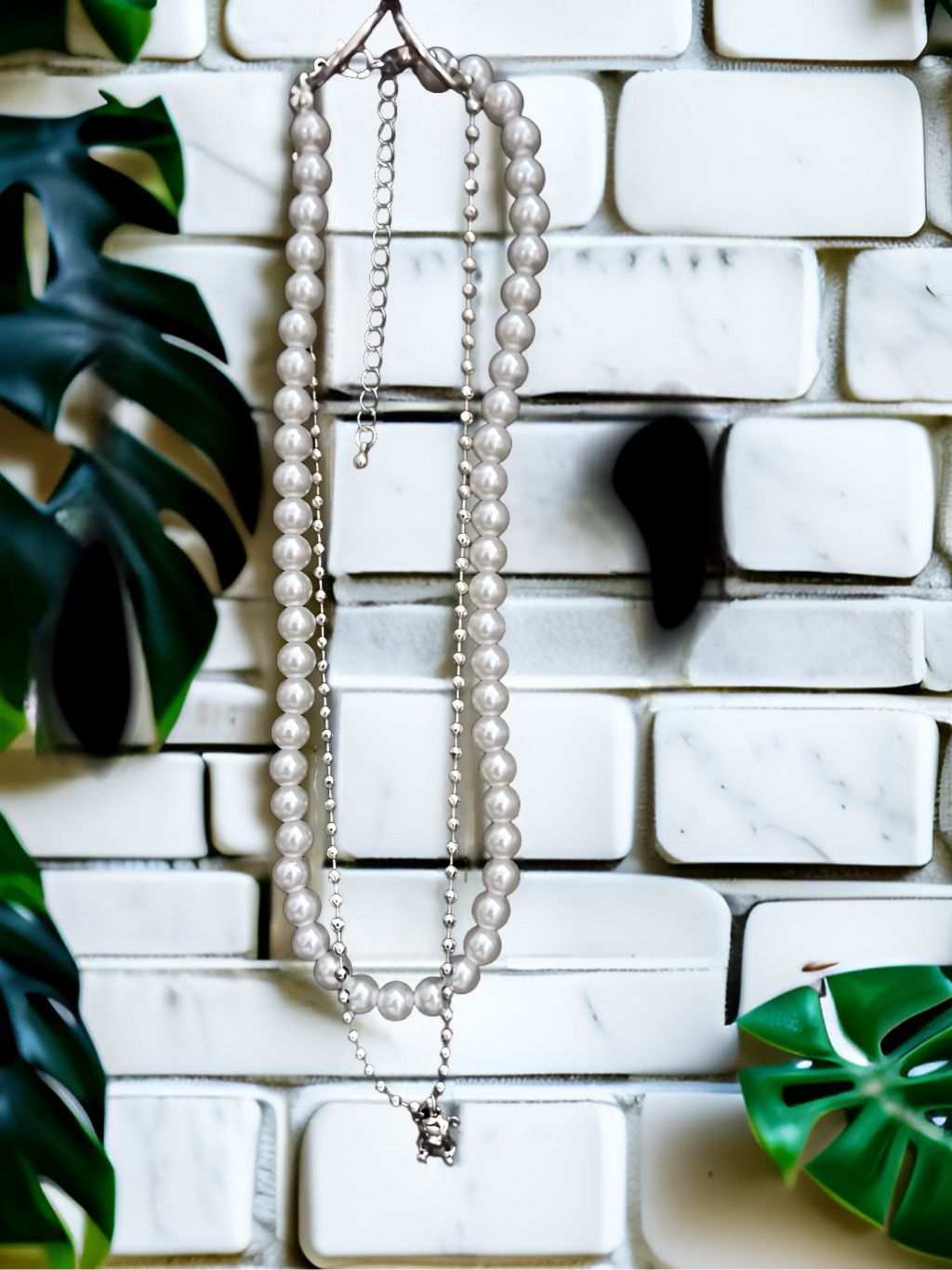 Pearl and Bead Chain Necklace with Bear Pendant