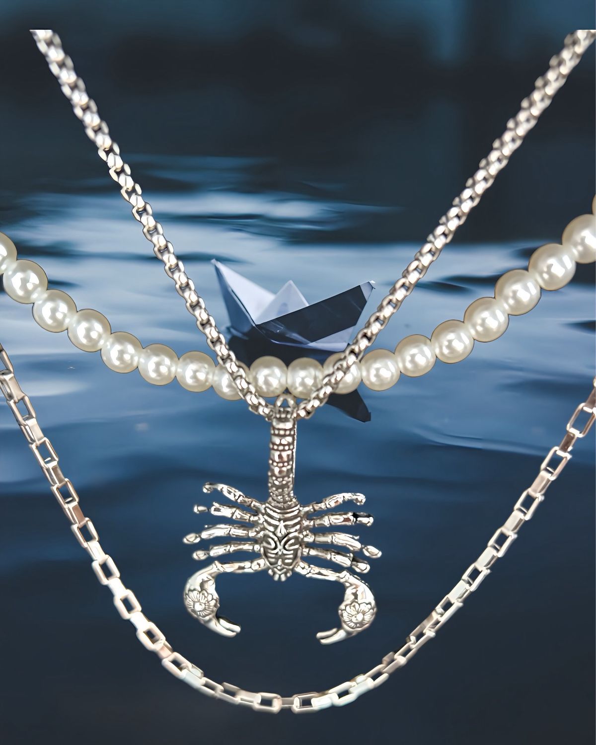 Necklace Scorpion Pendant On Chain, Pearl And Open Chain