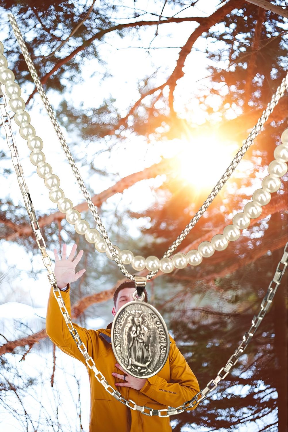 Necklace, 1 Pearl, 2 Medal Chairs, 1 With Religious Metal