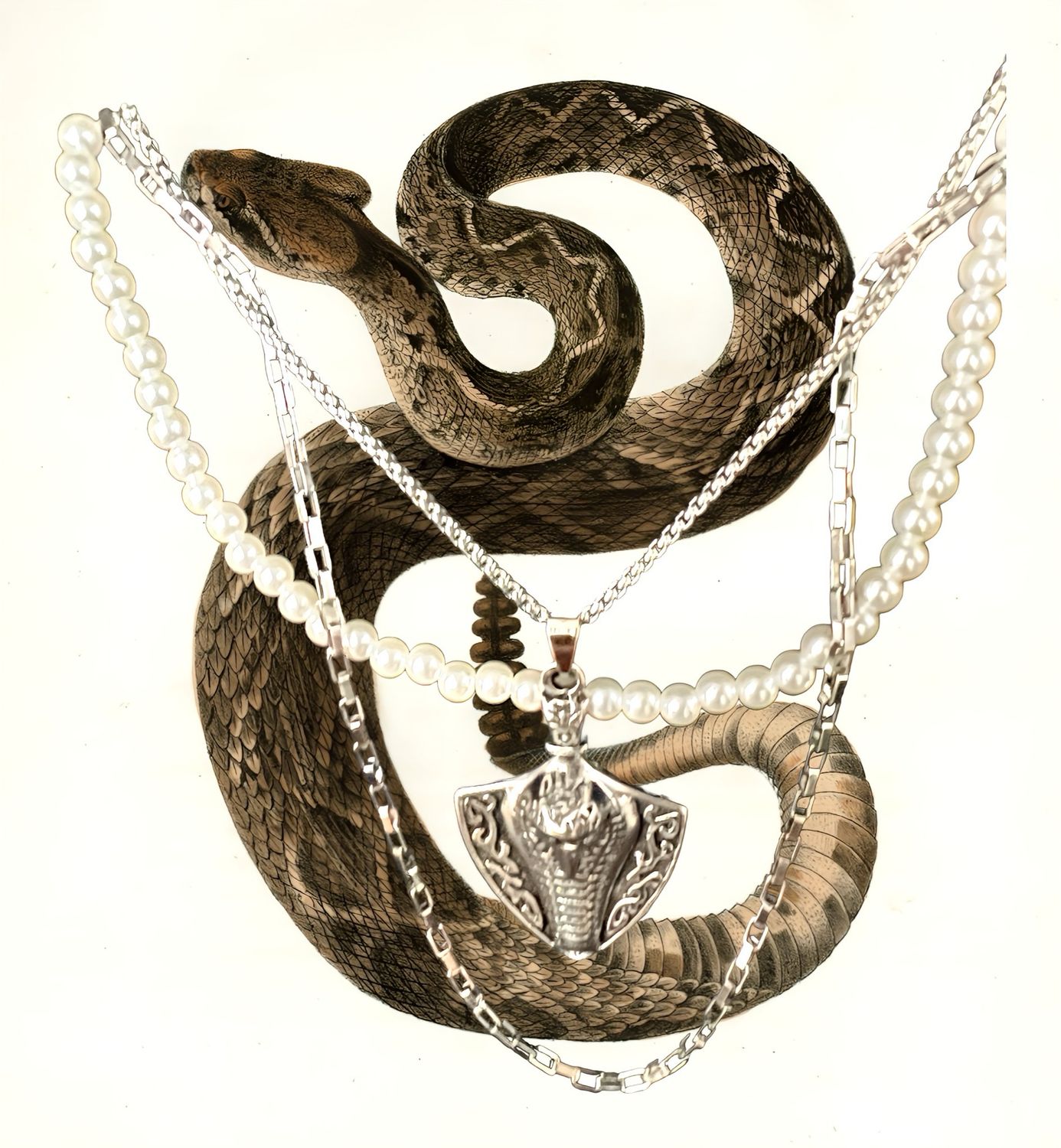 Necklace King Cobra Pendant, 1 Pearl Strand, 1 Open Link Chain