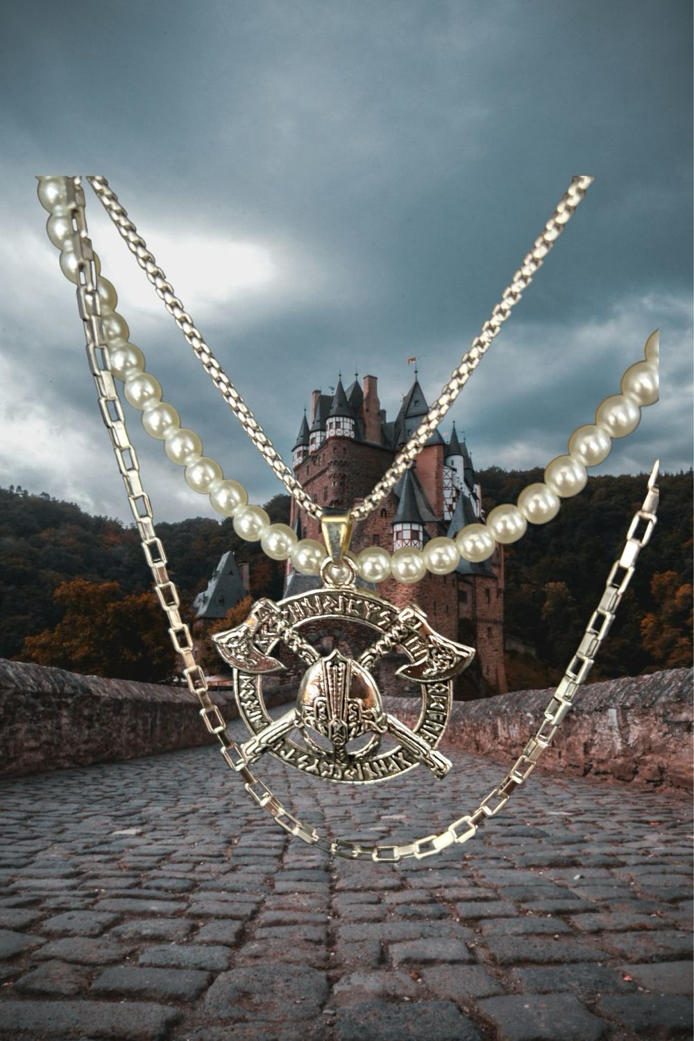 Viking necklace with Double axe and Helmet
