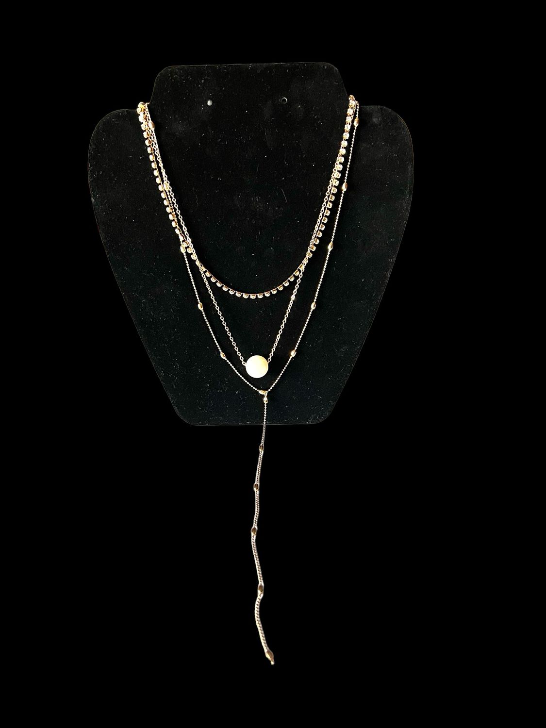 necklace set features layers of rhinestone inlaid ball chains