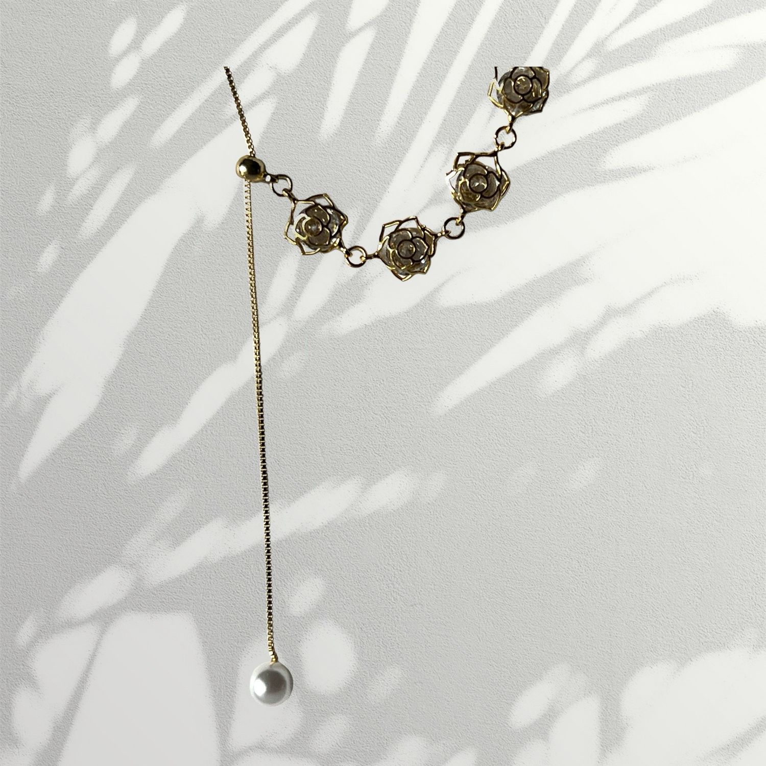 Necklace 5 Crystals Encased ln Gold Roses /  Pearl Drop