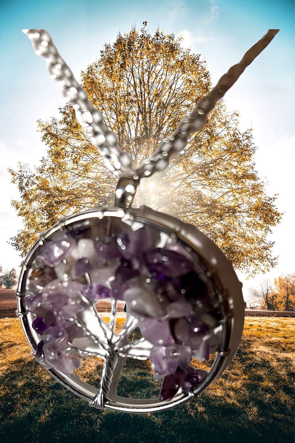 Necklaces Amethyst, Natural Stone Tree Of Life Wrapped In Silver