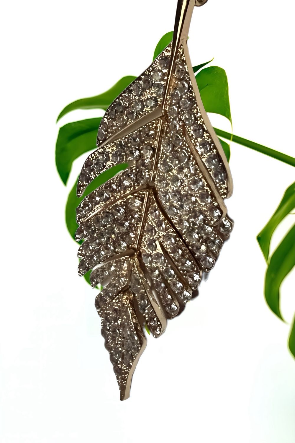 Antiqued Gold Tone Leaf Pave Crystal Long Necklace