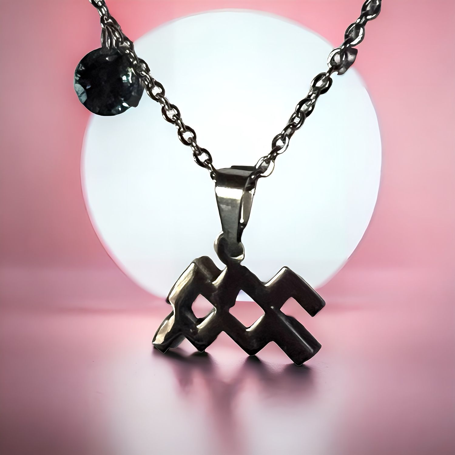 Stainless Steel Aquarius Symbol Necklace With Gem