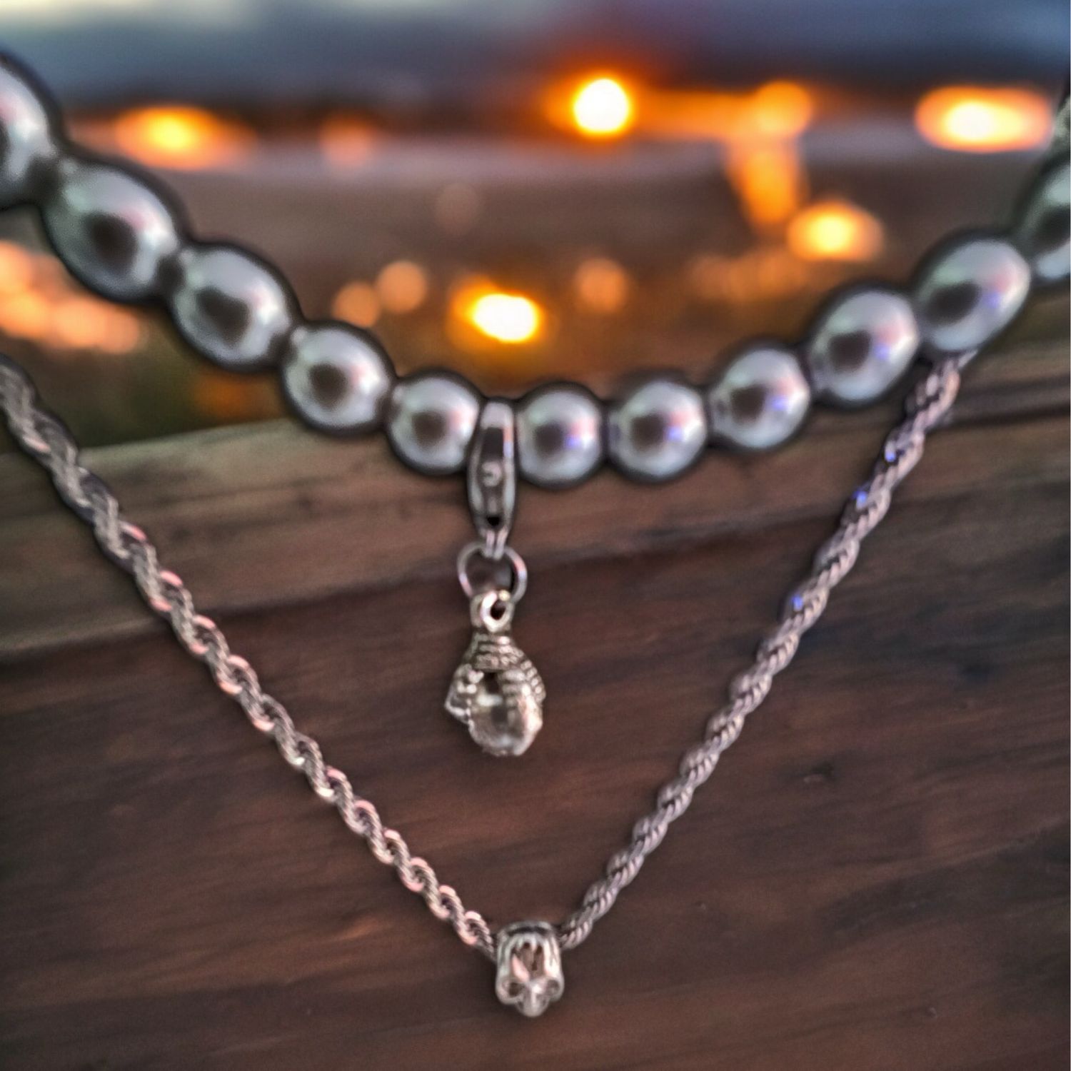 Gun Metal Pearl Necklace With Ball In Claw Pendant, Additional Necklace Stainless Steel With Skull Pendant