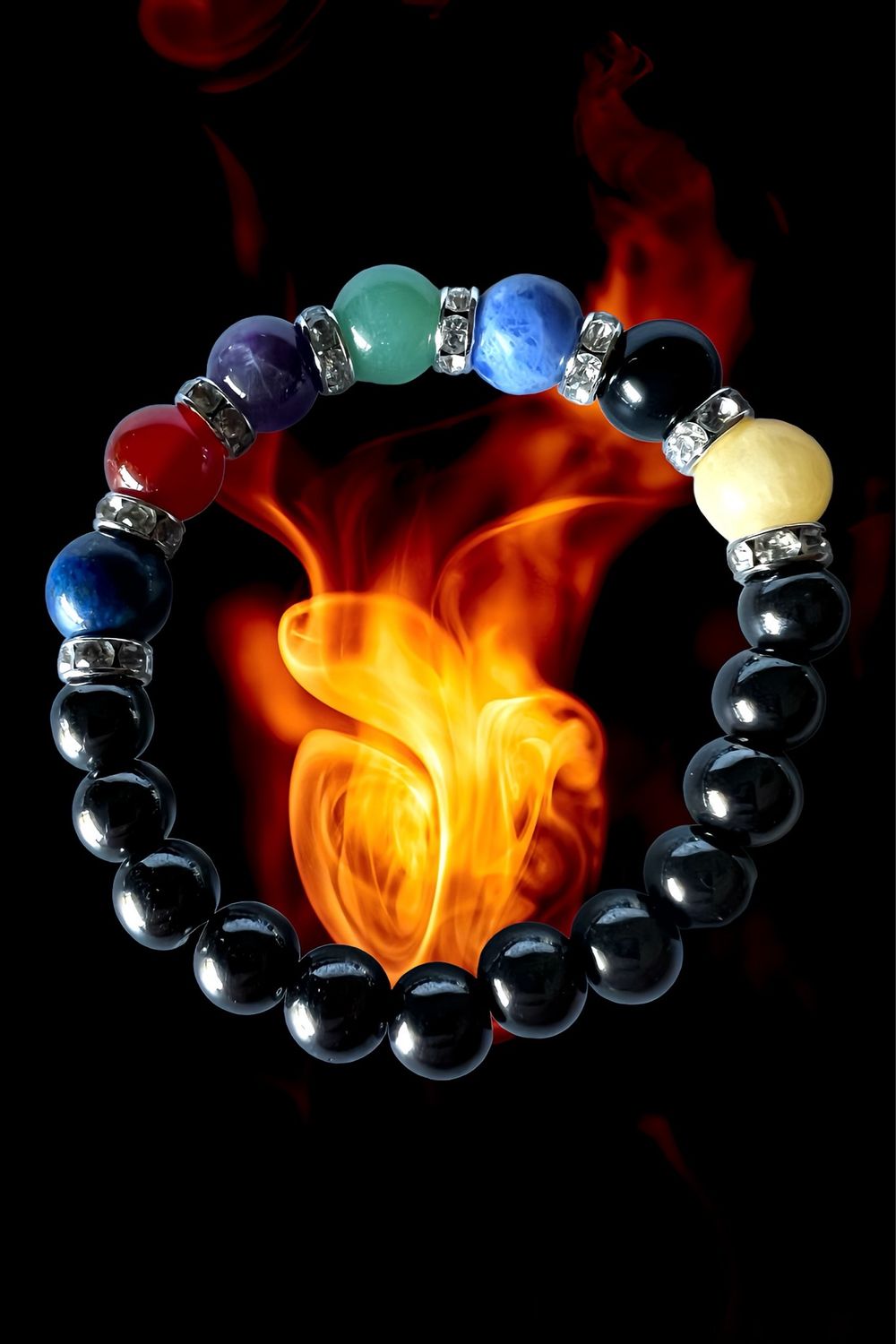 Chakra Hematite Bracelet Healing Crystal Magnetic Therapy Stretch Stone Beaded Bracelet(S/M)