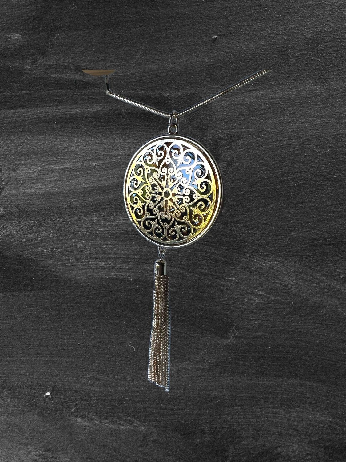 Disk Circle Pendant Tassel Fringe Necklace Gold Tone