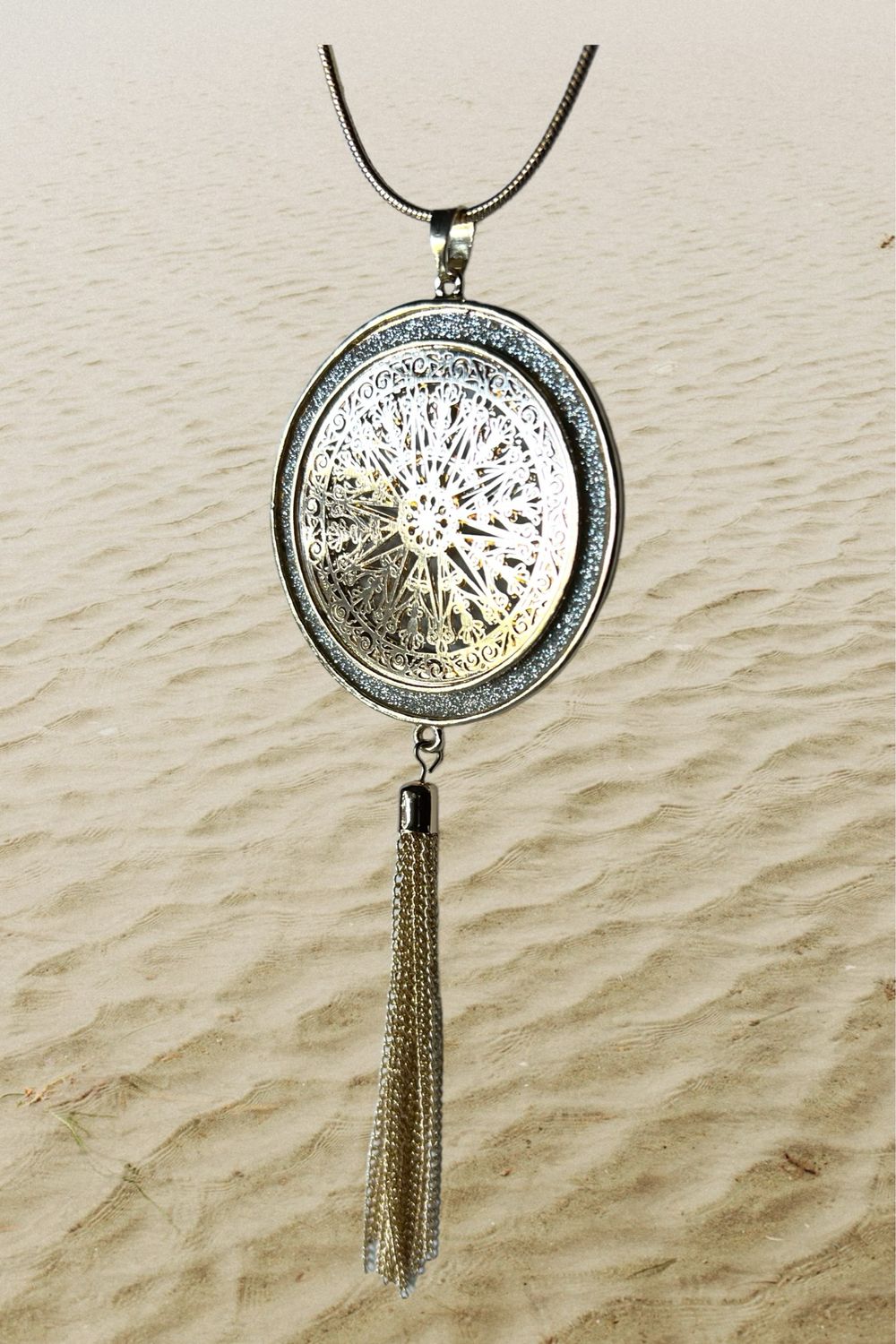 Disk Circle Pendant With Crystal Dust Rim And Tassel Fringe Necklace Gold Tone