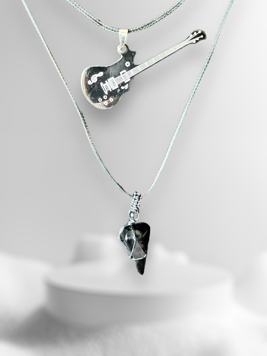 Necklace Layered Guitar Stainless Steel Pendant &amp; One Beautifully crafted from polished Apache Tear Dragon Glass
