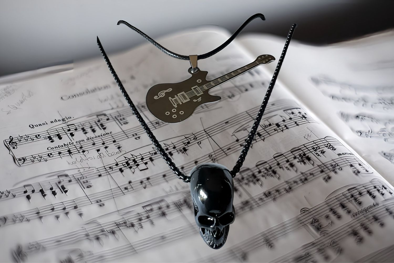 Necklace Layered Stainless Steel Guitar &amp; Skull Necklace
