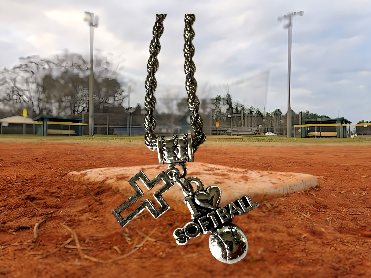 Stainless Steel Necklace With “I Love Softball” and Cross Pendant