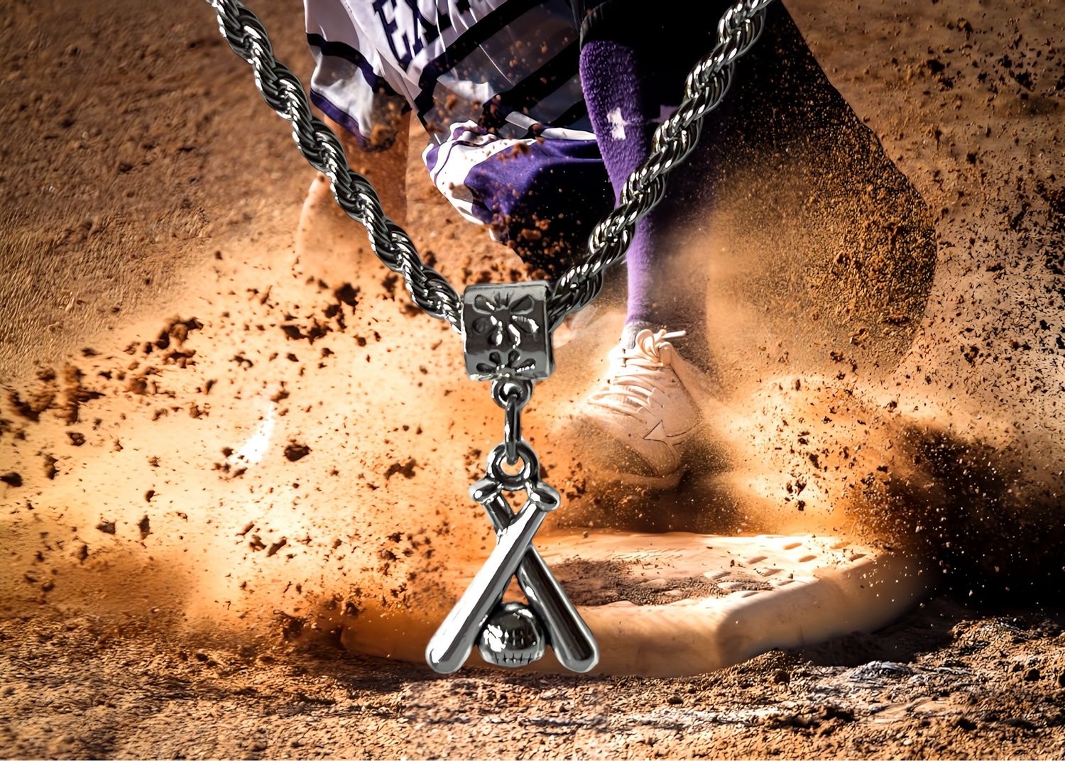 Crossed Baseball Bats With Ball Pendant On Stainless Steel Necklace