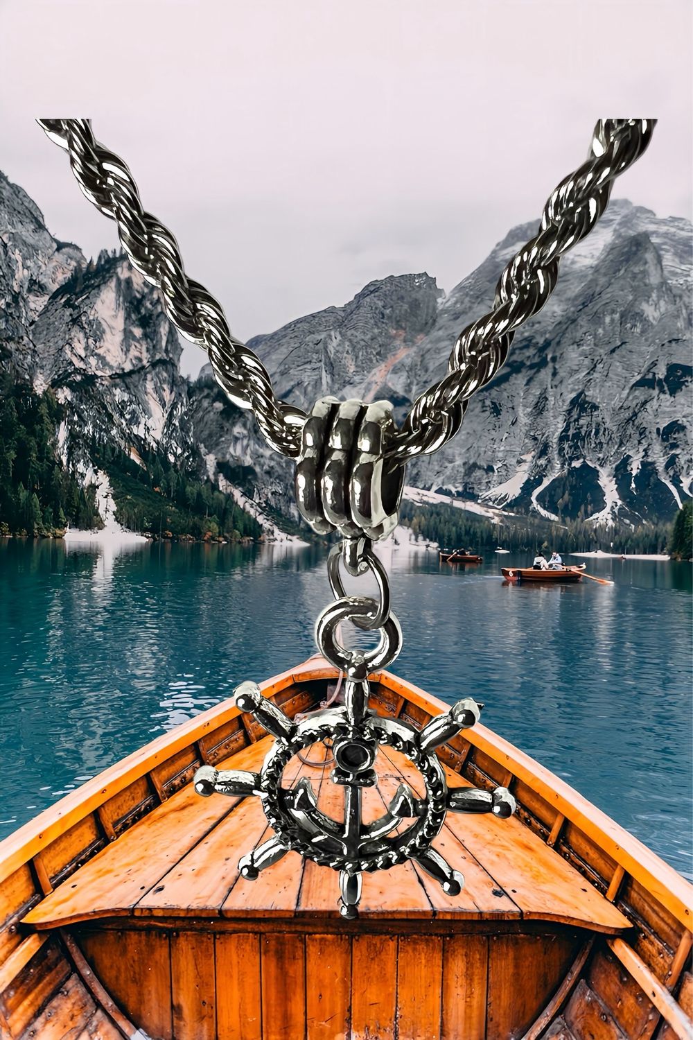 Ships wheel with anchor pendant on stainless steel necklace