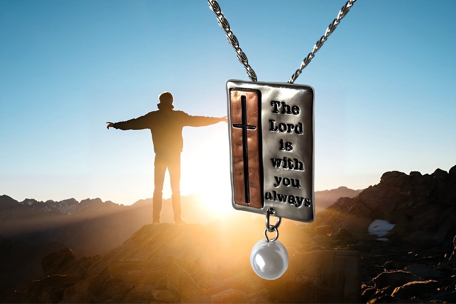 Copper Cross On Stainless Pendant With Dangling Pearl And Chain