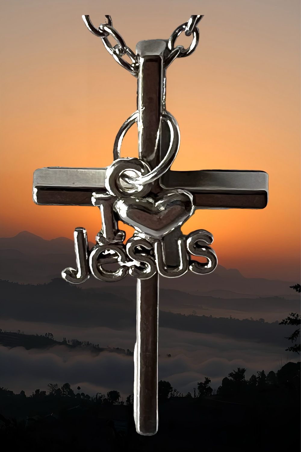 Stainless steel cross Pendant plus I love Jesus pendant on stainless steel chain