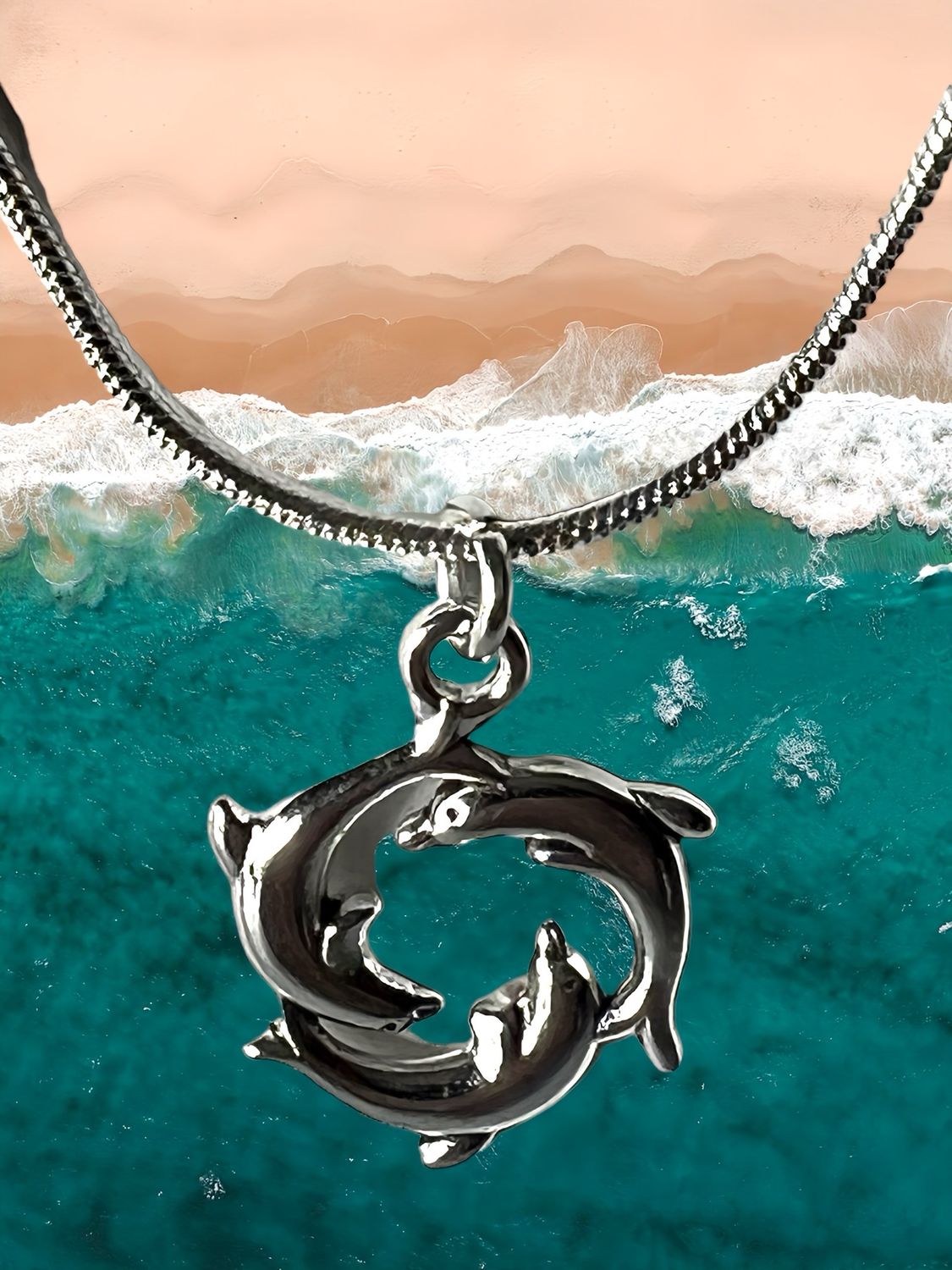 Sterling silver 925 three 3 dolphins pendant with chain.
