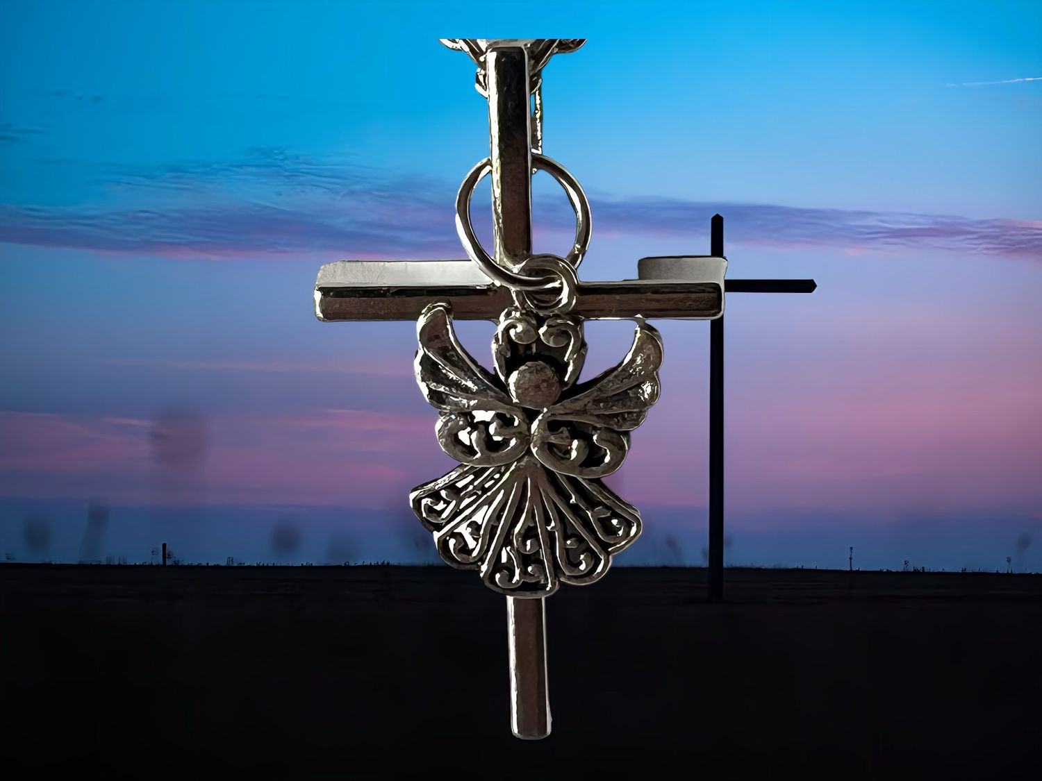 Stainless steel cross and chain with a remembrance angel pendant