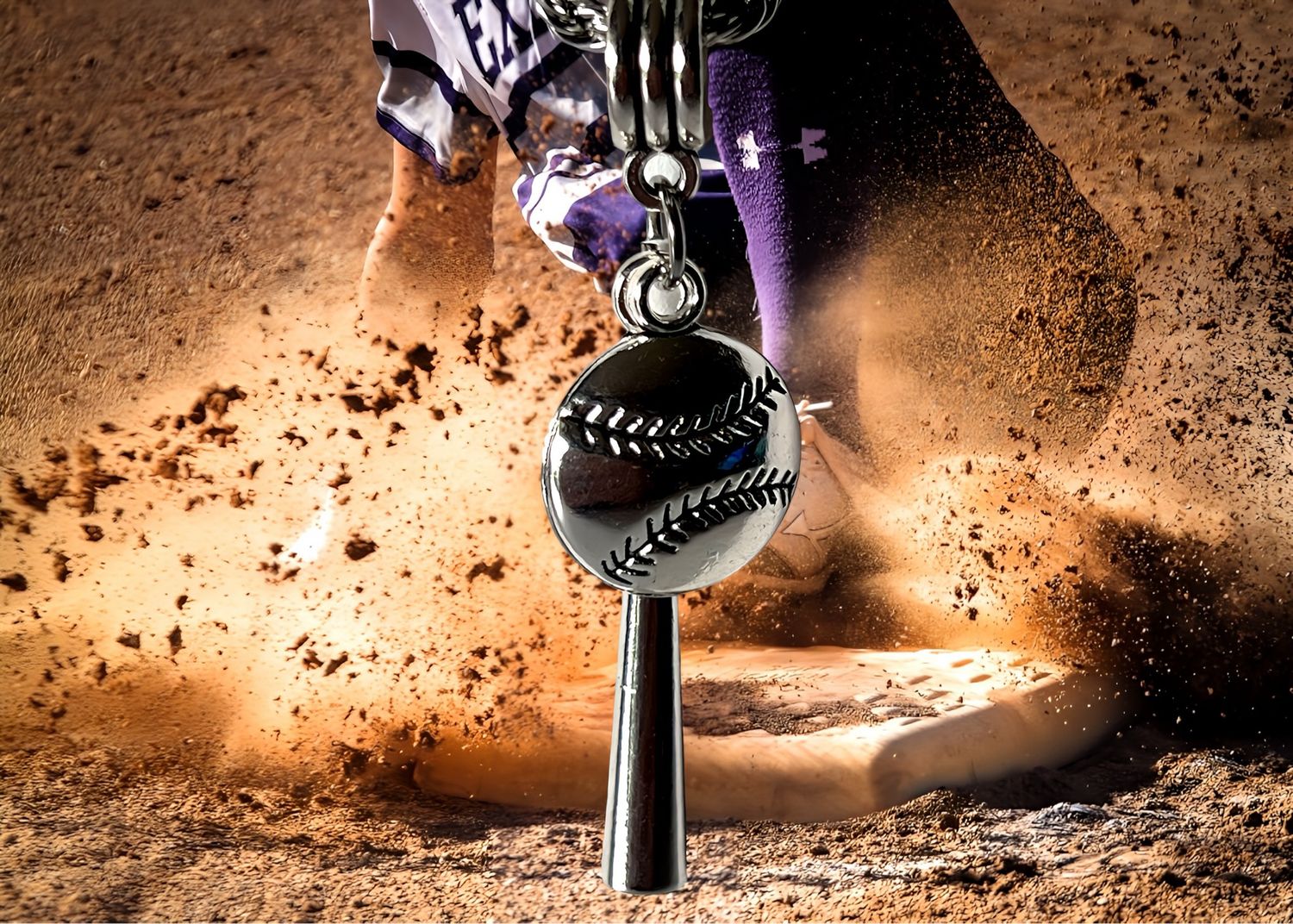 Baseball and Bat Pendant On Stainless Steel Necklace