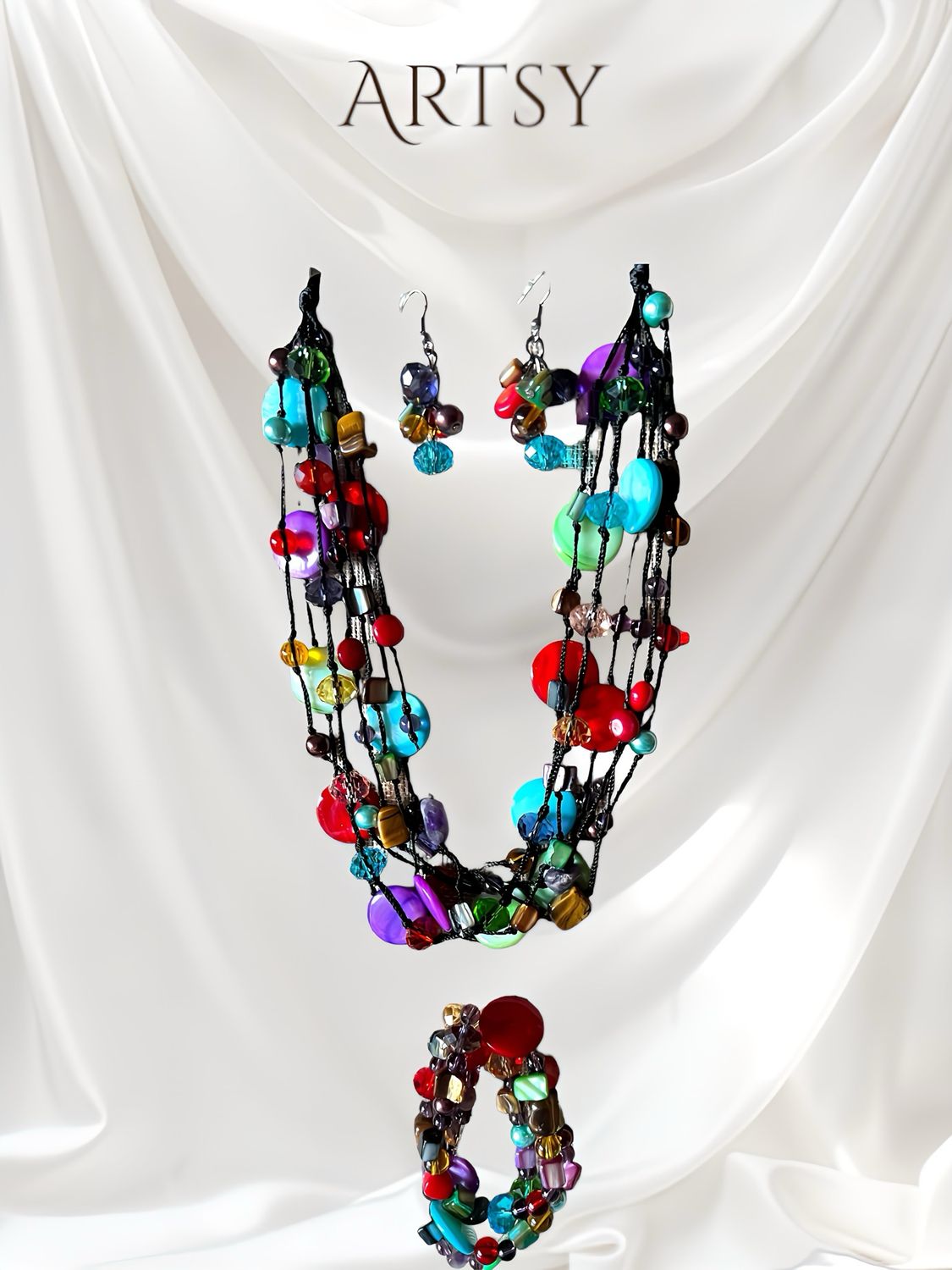 Premier Designs Multi Color Glass And Shell Beaded Cord Layered Necklace 20-22in, Earrings &amp; 3 Stack Bracelets